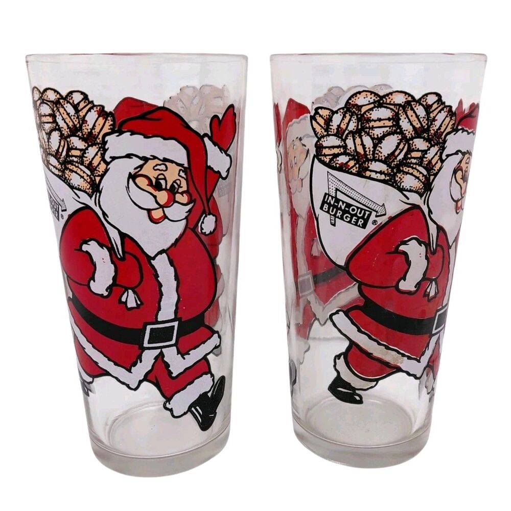 In N Out Burger Christmas Santa Claus Drinking Glasses Set of 2